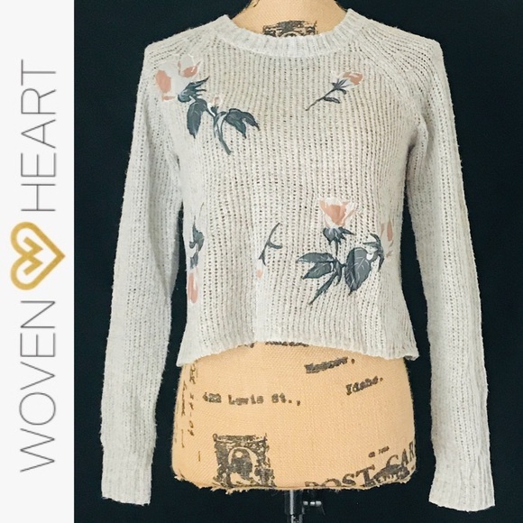Woven Heart Sweaters - Woven Heart Cropped Sweater w/Floral Patches